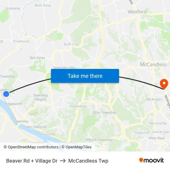 Beaver Rd + Village Dr to McCandless Twp map