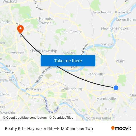 Beatty Rd + Haymaker Rd to McCandless Twp map
