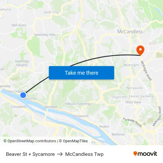 Beaver St + Sycamore to McCandless Twp map