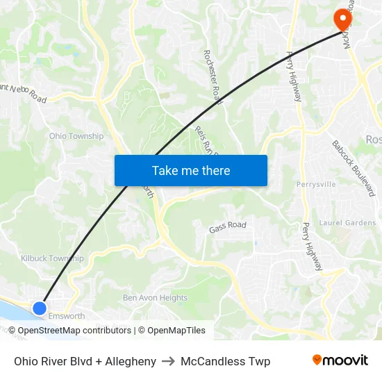 Ohio River Blvd + Allegheny to McCandless Twp map