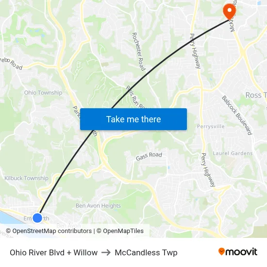 Ohio River Blvd + Willow to McCandless Twp map
