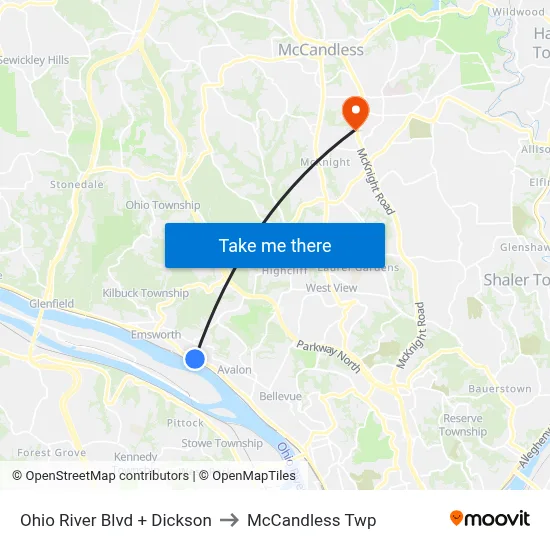 Ohio River Blvd + Dickson to McCandless Twp map
