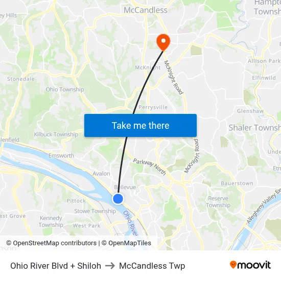 Ohio River Blvd + Shiloh to McCandless Twp map