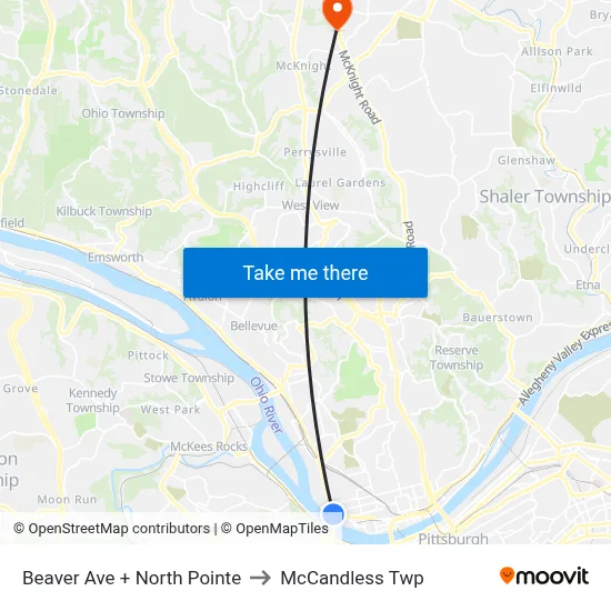 Beaver Ave + North Pointe to McCandless Twp map