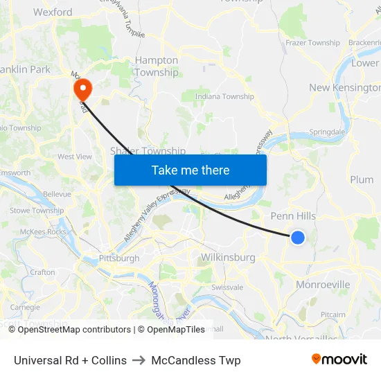 Universal Rd + Collins to McCandless Twp map