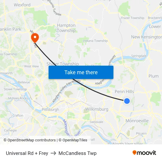 Universal Rd + Frey to McCandless Twp map