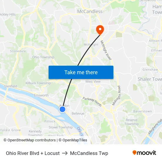 Ohio River Blvd + Locust to McCandless Twp map