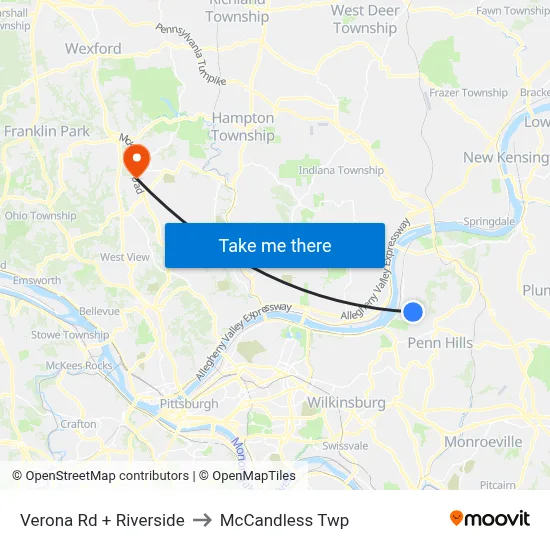 Verona Rd + Riverside to McCandless Twp map