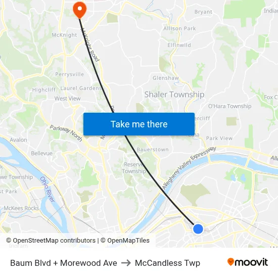 Baum Blvd + Morewood Ave to McCandless Twp map