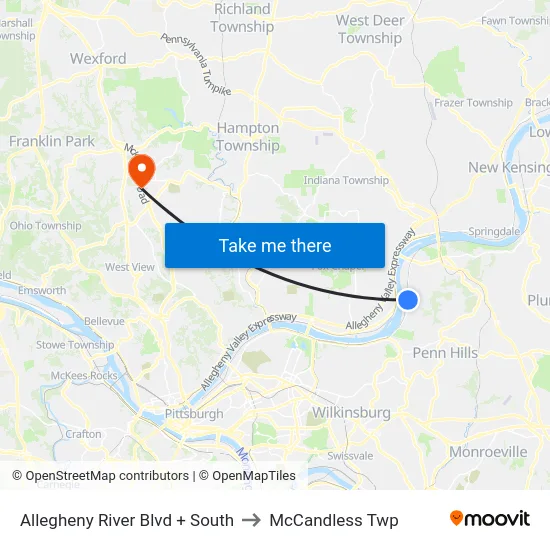 Allegheny River Blvd + South to McCandless Twp map