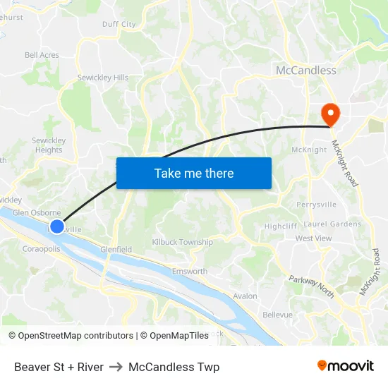 Beaver St + River to McCandless Twp map