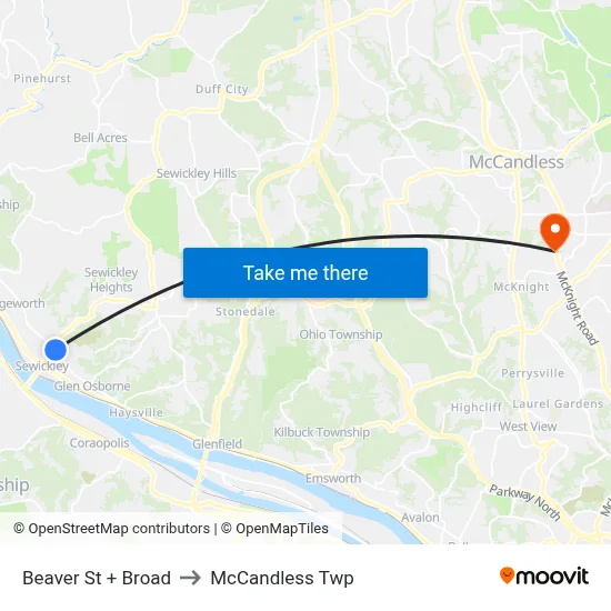 Beaver St + Broad to McCandless Twp map