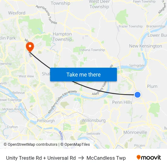 Unity Trestle Rd + Universal Rd to McCandless Twp map
