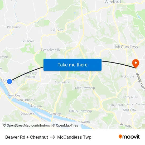 Beaver Rd + Chestnut to McCandless Twp map