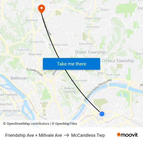 Friendship Ave + Millvale Ave to McCandless Twp map