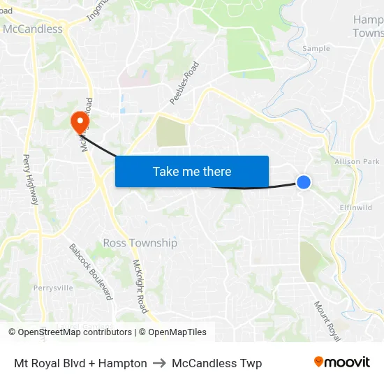 Mt Royal Blvd + Hampton to McCandless Twp map
