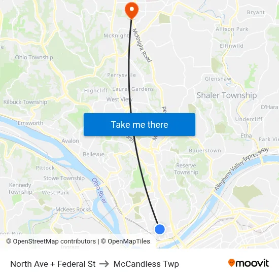North Ave + Federal St to McCandless Twp map