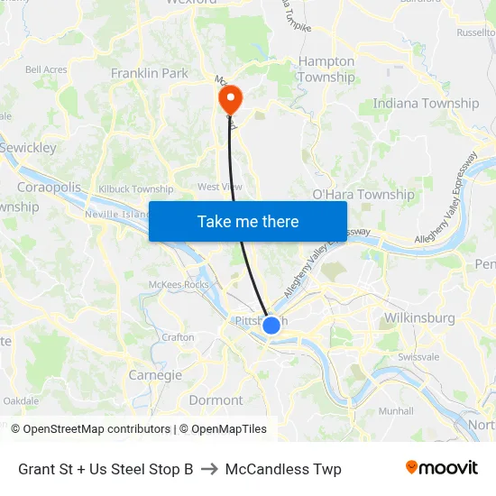 Grant St + Us Steel Stop B to McCandless Twp map