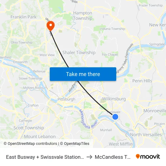 East Busway + Swissvale Station A to McCandless Twp map
