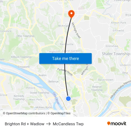 Brighton Rd + Wadlow to McCandless Twp map