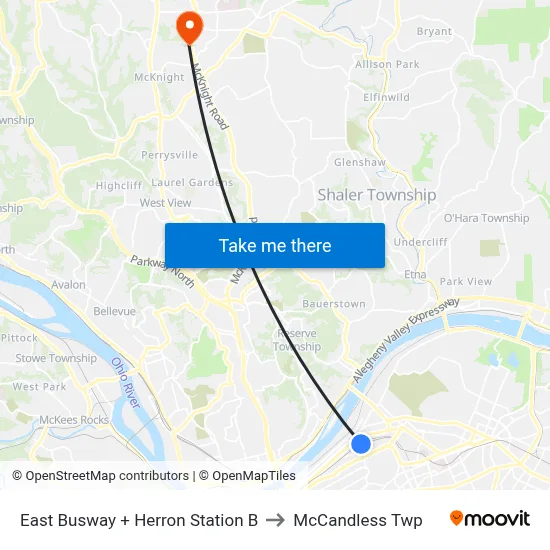 East Busway + Herron Station B to McCandless Twp map