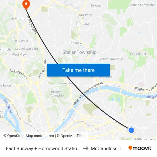 East Busway + Homewood Station B to McCandless Twp map