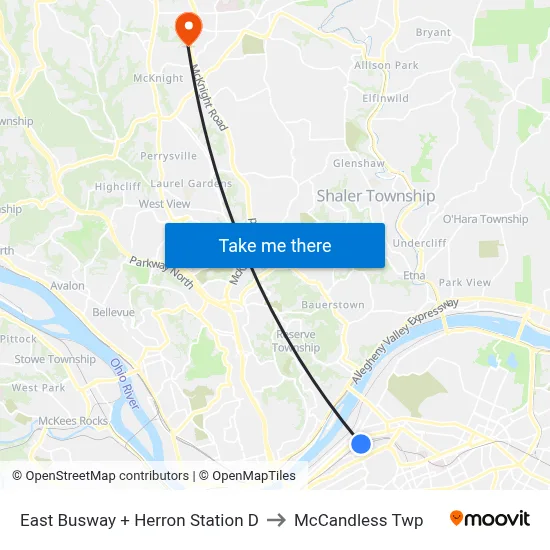 East Busway + Herron Station D to McCandless Twp map