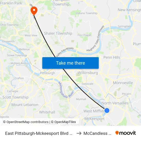 East Pittsburgh-Mckeesport Blvd + Orris to McCandless Twp map