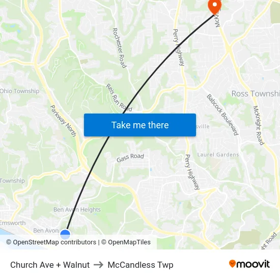 Church Ave + Walnut to McCandless Twp map