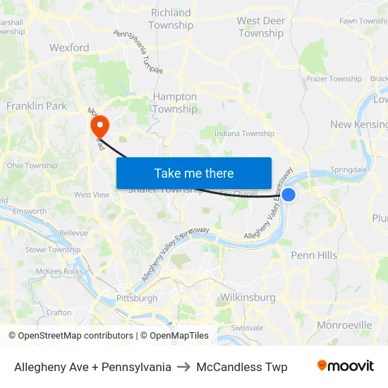 Allegheny Ave + Pennsylvania to McCandless Twp map