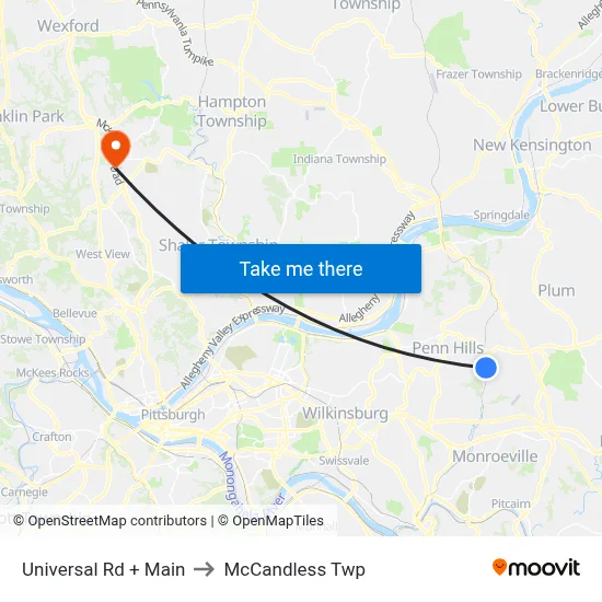 Universal Rd + Main to McCandless Twp map