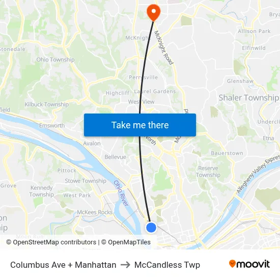 Columbus Ave + Manhattan to McCandless Twp map