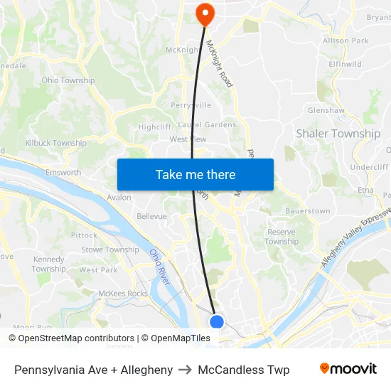 Pennsylvania Ave + Allegheny to McCandless Twp map