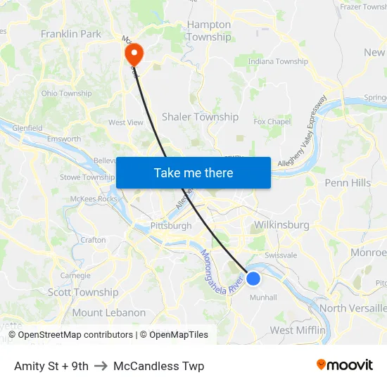 Amity St + 9th to McCandless Twp map