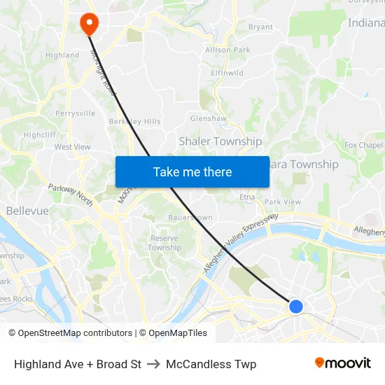 Highland Ave + Broad St to McCandless Twp map