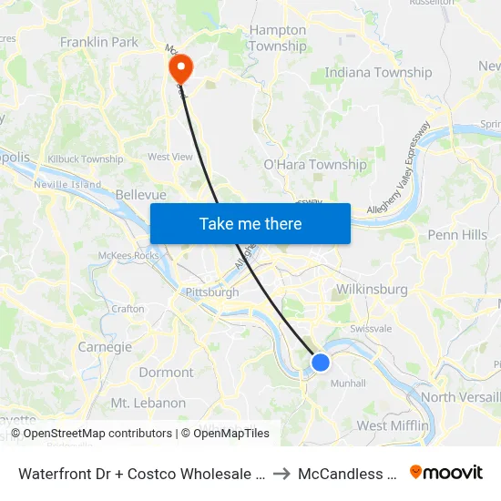 Waterfront Dr + Costco Wholesale Drvwy to McCandless Twp map