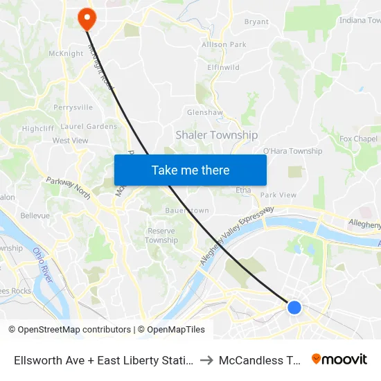 Ellsworth Ave + East Liberty Station to McCandless Twp map