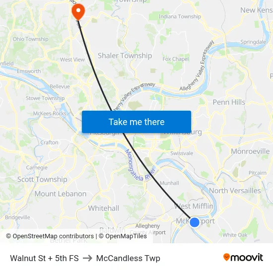 Walnut St + 5th FS to McCandless Twp map