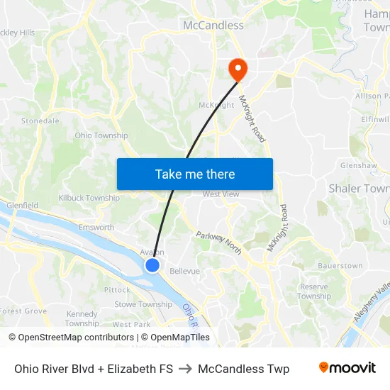 Ohio River Blvd + Elizabeth FS to McCandless Twp map
