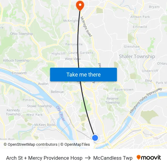 Arch St + Mercy Providence Hosp to McCandless Twp map