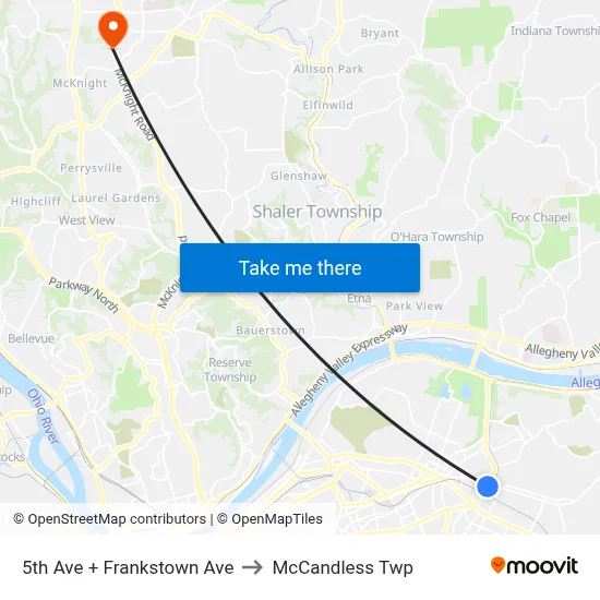 5th Ave + Frankstown Ave to McCandless Twp map