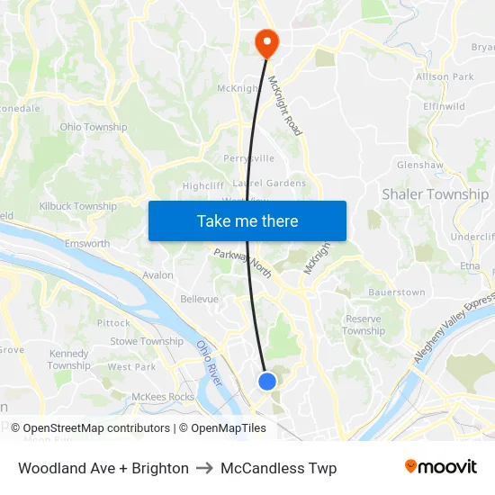 Woodland Ave + Brighton to McCandless Twp map