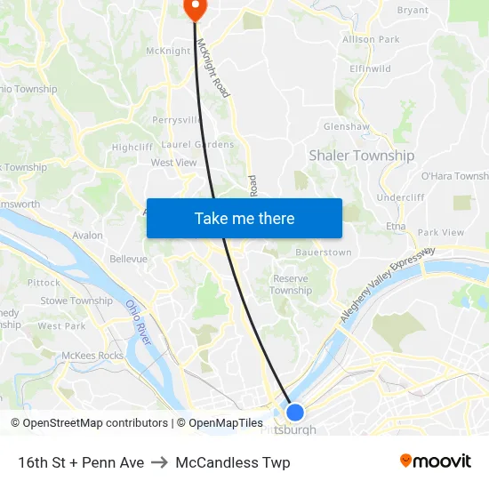 16th St + Penn Ave to McCandless Twp map