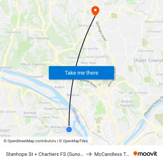 Stanhope St + Chartiers FS (Sunoco) to McCandless Twp map