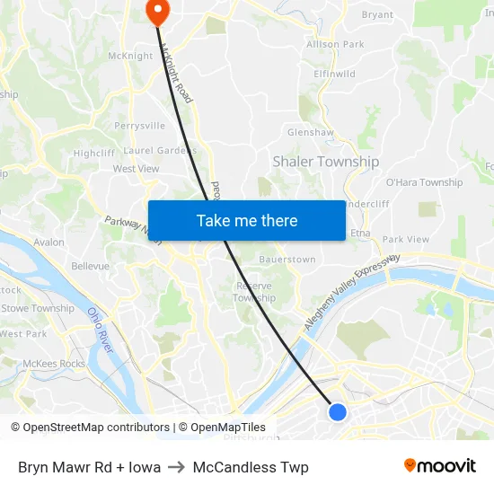 Bryn Mawr Rd + Iowa to McCandless Twp map