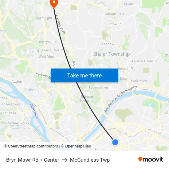 Bryn Mawr Rd + Center to McCandless Twp map