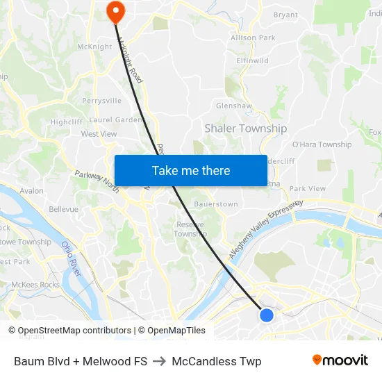 Baum Blvd + Melwood FS to McCandless Twp map