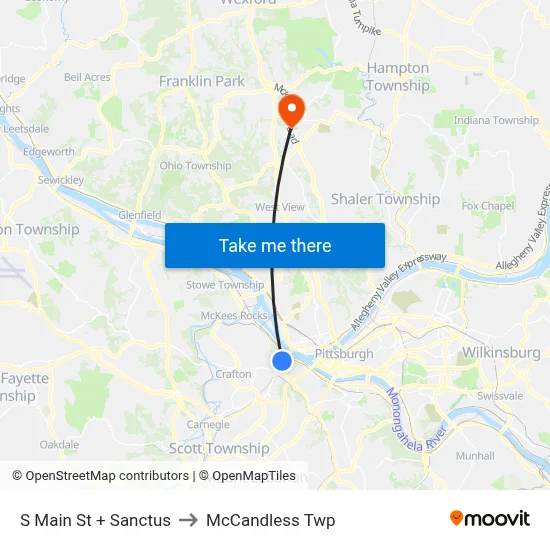 S Main St + Sanctus to McCandless Twp map