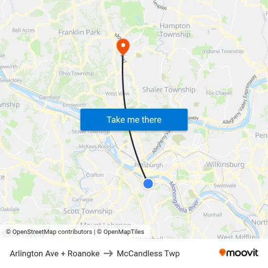 Arlington Ave + Roanoke to McCandless Twp map