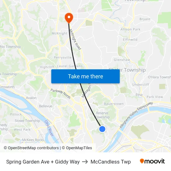 Spring Garden Ave + Giddy Way to McCandless Twp map
